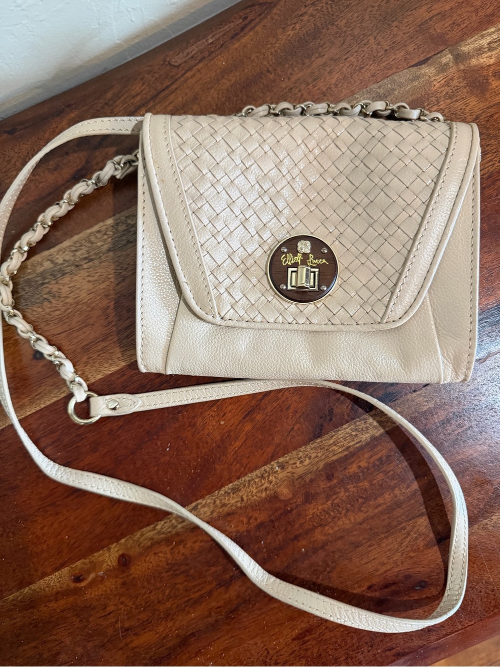 Elliott Lucca Cream Woven Leather Crossbody Clutch Wallet Bag Fold Over Purse